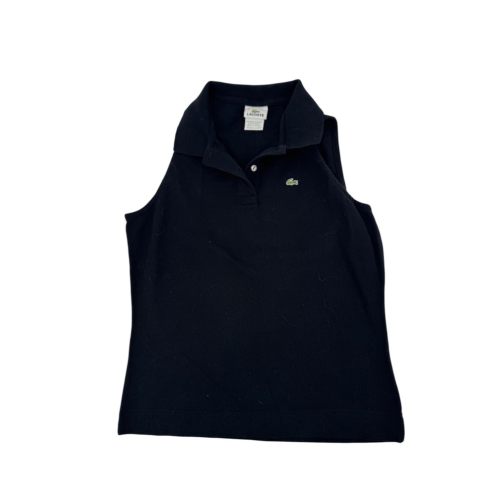 Lacoste Sleeveless Polo Shirt Womens 44 Black Pique Cotton Logo Sporty Preppy